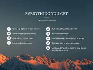 Full-time, bilingual Tour Director
Educational itinerary
Sightseeing led by licensed local guides
Entrance fees to select attractions
weShare, EF’s online platform for a deeper
learning experience
Round-trip flights on major carriers
Hotels with private bathrooms
Breakfast and dinner daily
Comfortable motorcoach
Program price includes:
EVERYTHING YOU GET
 