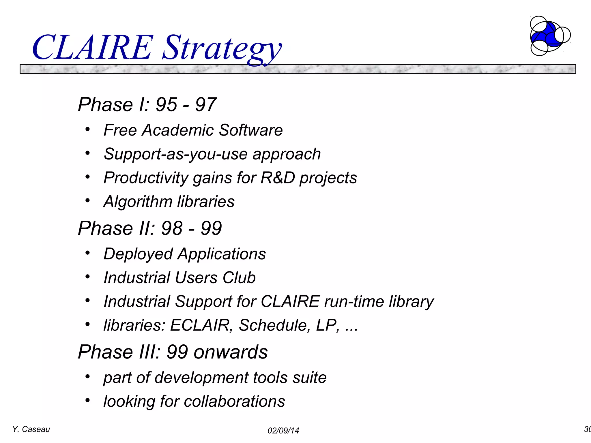 CLAIRE Strategy
Phase I: 95 - 97
•
•
•
•

Free Academic Software
Support-as-you-use approach
Productivity gains for R&D projects
Algorithm libraries

Phase II: 98 - 99
•
•
•
•

Deployed Applications
Industrial Users Club
Industrial Support for CLAIRE run-time library
libraries: ECLAIR, Schedule, LP, ...

Phase III: 99 onwards
• part of development tools suite
• looking for collaborations
Y. Caseau

02/09/14

30

 