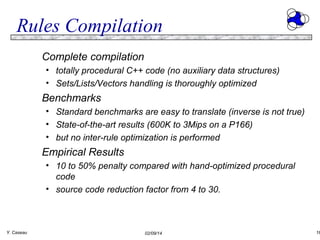 Rules Compilation
Complete compilation
• totally procedural C++ code (no auxiliary data structures)
• Sets/Lists/Vectors handling is thoroughly optimized

Benchmarks
• Standard benchmarks are easy to translate (inverse is not true)
• State-of-the-art results (600K to 3Mips on a P166)
• but no inter-rule optimization is performed

Empirical Results
• 10 to 50% penalty compared with hand-optimized procedural
code
• source code reduction factor from 4 to 30.

Y. Caseau

02/09/14

16

 