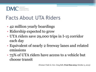 Facts About UTA Riders
• 42 million yearly boardings
• Ridership expected to grow
• UTA riders save 29,000 trips in I-15 corridor
each day
• Equivalent of nearly 2 freeway lanes and related
emissions
• 75% of UTA riders have access to a vehicle but
choose transit
(Former Utah Lt. Gov. Greg Bell, Front lines 2015, October 3, 2013)

 