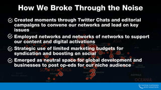 Daniel: please insert picture or graphic please
Created moments through Twitter Chats and editorial campaigns
to convene our networks and lead on key issues
Employed networks and networks of networks to support our
content and digital activations
Strategic use of resources for syndication
Emerged as neutral space for global development and
businesses to post op-eds for our niche audience
How Global Daily Broke Through the Noise
 