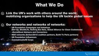 Link the UN’s work with others around the world, mobilizing
organizations to help the UN tackle global issues
Our networks and networks of networks:
• UN Foundation Campaigns and Initiatives
(Girl Up, Shot@Life, Nothing But Nets, Global Alliance for Clean Cookstoves)
• +SocialGood Advisors and Connectors
• NGO networks (Action/2015 coalition partners, Earth To Paris partners)
• UN Foundation Influencers
• Communications Corps
What We Do
 