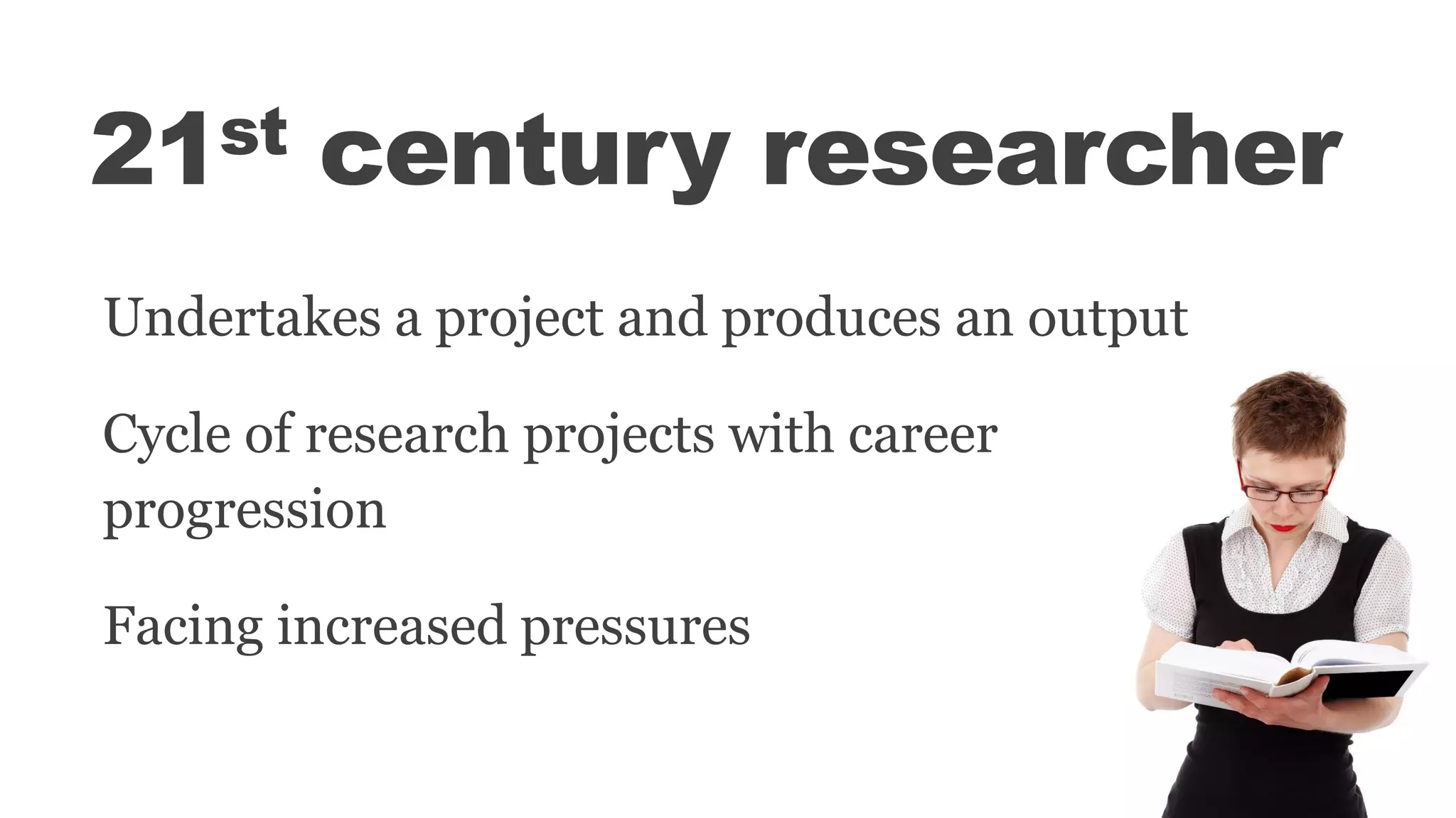 21st century researcher
Undertakes a project and produces an output
Cycle of research projects with career
progression
Facing increased pressures