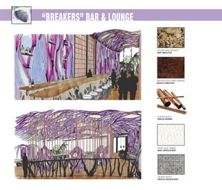 “BREAKERS” BAR & LOUNGE
COPPER RODS
SPACE DIVIDER
GOLDEN KING GRANITE
BAR TABLETOP
MADURA GOLD DARK GRANITE
BOOTH TABLETOP
WHITE VINYL FABRIC
SEAT UPHOLSTERY
WOVEN TEXTILE
BOOTH UPHOLSTERY
 