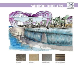 CONCRETE STAMPED
EXTERIOR FLOORING
HONEY ONYX
BAR FACADE
CRACKLE FIELD TILE
BAR TABLETOP
“WHIRLPOOL” LOUNGE & SPA
HONEY GLASS TILE
POOL/POOLSIDE BAR TRIM
 