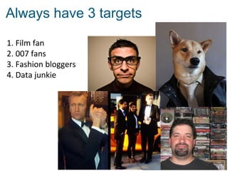 Always have 3 targets

1. Film fan
2. 007 fans
3. Fashion bloggers
4. Data junkie
 