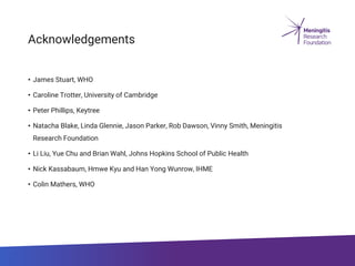 Acknowledgements
• James Stuart, WHO
• Caroline Trotter, University of Cambridge
• Peter Phillips, Keytree
• Natacha Blake...