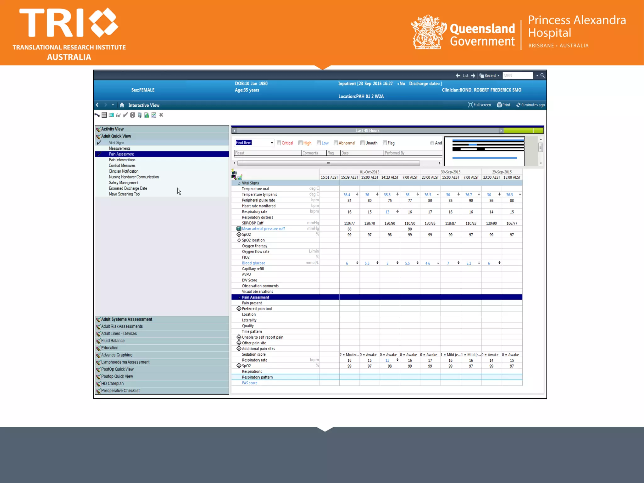 • No paper obs chart
• Obs taken then uploaded into EMR via
wifi
• Deteriorating patients identified via
“between the flags”
 