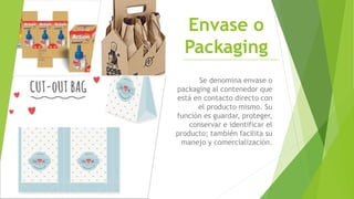 Envase o
Packaging
Se denomina envase o
packaging al contenedor que
está en contacto directo con
el producto mismo. Su
función es guardar, proteger,
conservar e identificar el
producto; también facilita su
manejo y comercialización.
 