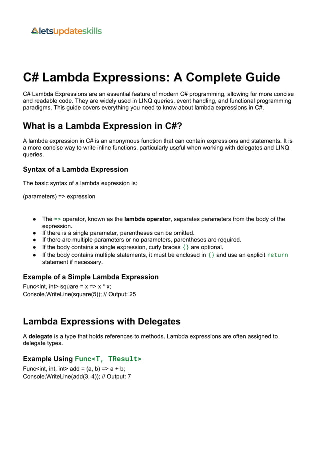 Mastering C# Lambda Expressions: A Complete Guide | PDF