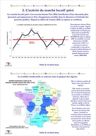 Le marché locatif privé s’est ressaisi durant l’été 2014, bénéficiant d’une demande plus
pressante qu’auparavant et d’un changement sensible dans le discours et l’attitude des
pouvoirs publics. Depuis le début de l’année 2015, la reprise se confirme.
- 7 -
Connaître les Loyers et Analyser les Marchés sur les Espaces Urbains et Ruraux
2. L’activité du marché locatif privé
Normalement durant l’hiver
le marché se replie : depuis
le début de 2015, la mobilité
résidentielle ne fléchit pas,
démentant le profil infra
annuel de l’activité que
CLAMEUR observe depuis
1998. La mobilité s’accroît
même pour s’établir
maintenant à 28.9 % et
retrouver un niveau
comparable à celui qui se
constatait habituellement en
début d’année avant la
grande dépression des
années 2008-2009.
 
25,9
27,0
28,1
29,4
29,1
29,4
30,6
29,7
29,7
28,4
27,6
26,2
27,1
28,1
27,3
26,7
27,0
28,9
28,1
24
26
28
30
1998 1999 2000 2001 2002 2003 2004 2005 2006 2007 2008 2009 2010 2011 2012 2013 2014 2015
Tauxdemobilité(en%)
Moyenne
1998-2015
La mobilité résidentielle des locataires d'après CLAMEUR /février 2015/
Paris, le 10 mars 2015
- 8 -
Connaître les Loyers et Analyser les Marchés sur les Espaces Urbains et Ruraux
La mobilité résidentielle se redresse dans la plupart des régions.
Elle se redresse, parfois de
façon assez vive, dans 16
régions.
Elle recule en revanche
encore doucement (moins
de 1 %) dans le Limousin,
en Lorraine et en Poitou-
Charente. Mais elle se
dégrade toujours après
plusieurs années d’un recul
parfois rapide en Ile de
France et en Rhône-Alpes.
Ces évolutions sont sans
lien avec les niveaux des
loyers : l’activité se
contracte dans le Limousin
ou en Lorraine où les loyers
sont parmi les moins élevés
alors qu’elle se redresse
dans le Languedoc
Roussillon ou en PACA où
les loyers sont parmi les
plus élevés.
Paris, le 10 mars 2015
 