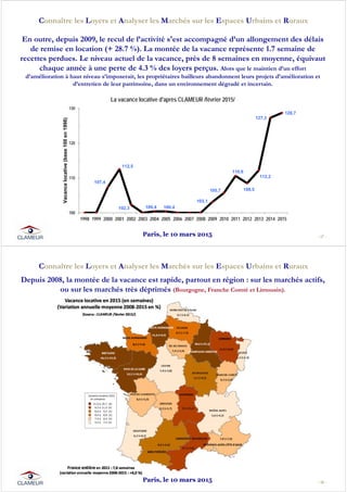 - 17 -
Connaître les Loyers et Analyser les Marchés sur les Espaces Urbains et Ruraux
En outre, depuis 2009, le recul de l’activité s'est accompagné d’un allongement des délais
de remise en location (+ 28.7 %). La montée de la vacance représente 1.7 semaine de
recettes perdues. Le niveau actuel de la vacance, près de 8 semaines en moyenne, équivaut
chaque année à une perte de 4.3 % des loyers perçus. Alors que le maintien d’un effort
d’amélioration à haut niveau s’imposerait, les propriétaires bailleurs abandonnent leurs projets d’amélioration et
d’entretien de leur patrimoine, dans un environnement dégradé et incertain.
 
107,4
112,5
102,3 100,4 100,4
103,1
105,7
110,6
108,5
112,2
127,3
128,7
100
110
120
130
1998 1999 2000 2001 2002 2003 2004 2005 2006 2007 2008 2009 2010 2011 2012 2013 2014 2015
Vacancelocative(base100en1998)
La vacance locative d'après CLAMEUR /février 2015/
Paris, le 10 mars 2015
- 18 -
Connaître les Loyers et Analyser les Marchés sur les Espaces Urbains et Ruraux
Depuis 2008, la montée de la vacance est rapide, partout en région : sur les marchés actifs,
ou sur les marchés très déprimés (Bourgogne, Franche Comté et Limousin).
Paris, le 10 mars 2015
 