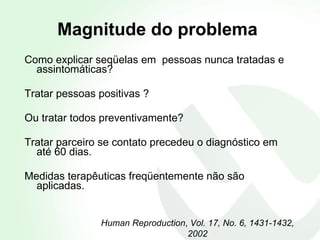 Magnitude do problema Como explicar seqüelas em  pessoas nunca tratadas e assintomáticas? Tratar pessoas positivas ?  Ou tratar todos preventivamente? Tratar parceiro se contato precedeu o diagnóstico em até 60 dias. Medidas terapêuticas freqüentemente não são aplicadas. Human Reproduction ,  Vol. 17, No. 6, 1431-1432, 2002 