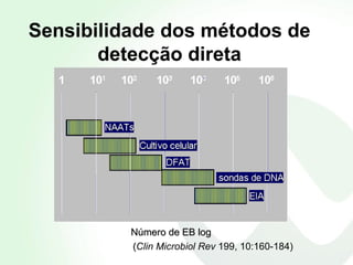 Sensibilidade dos métodos de detecção direta Número de EB log ( Clin Microbiol Rev  199, 10:160-184) 