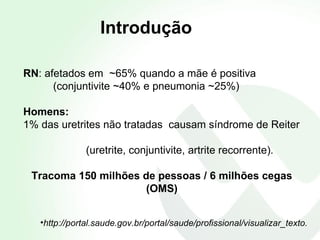 RN : afetados em  ~65 % quando a mãe é positiva (conjuntivite  ~40%  e pneumonia  ~25%) Homens:   1% das uretrites não tratadas  causam síndrome de Reiter  (uretrite, conjuntivite, artrite recorrente). Tracoma 150 milhões de pessoas / 6 milhões cegas (OMS) http://portal.saude.gov.br/portal/saude/profissional/visualizar_texto.   Introdu çã o 