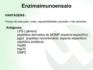 VANTAGENS : -Tempo de execução, custo, reprodutibilidade, precisão, n o . de amostras Antígenos: LPS ( gênero)    peptideos derivados do MOMP (espécie-especifico)   pgp3  (peptideo recombinante, especie especifico) peptídios sintéticos hsp60   hsp70   OMP2   Enzimaimunoensaio 