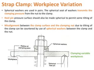 Strap Clamp: Workpiece Variation
• Spherical washers are used in pairs. The spherical seat of washers transmits the
clamping pressure from the nut to the clamp.
• Heel pin pressure surface should also be made spherical to permit some tilting of
the clamp.
• Misalignment between the clamp surface and the clamping nut due to tilting of
the clamp can be countered by use of spherical washers between the clamp and
the nut.
Clamping variable
workpieces
 