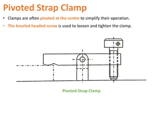 Pivoted Strap Clamp
• Clamps are often pivoted at the centre to simplify their operation.
• The knurled headed screw is used to loosen and tighten the clamp.
Pivoted Strap Clamp
 