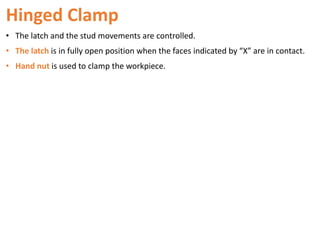 Hinged Clamp
• The latch and the stud movements are controlled.
• The latch is in fully open position when the faces indicated by “X” are in contact.
• Hand nut is used to clamp the workpiece.
 