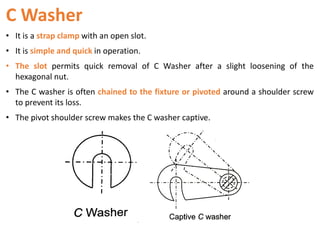 C Washer
• It is a strap clamp with an open slot.
• It is simple and quick in operation.
• The slot permits quick removal of C Washer after a slight loosening of the
hexagonal nut.
• The C washer is often chained to the fixture or pivoted around a shoulder screw
to prevent its loss.
• The pivot shoulder screw makes the C washer captive.
 