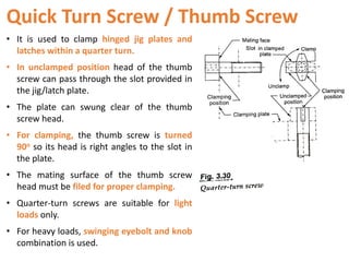 Quick Turn Screw / Thumb Screw
• It is used to clamp hinged jig plates and
latches within a quarter turn.
• In unclamped position head of the thumb
screw can pass through the slot provided in
the jig/latch plate.
• The plate can swung clear of the thumb
screw head.
• For clamping, the thumb screw is turned
90o so its head is right angles to the slot in
the plate.
• The mating surface of the thumb screw
head must be filed for proper clamping.
• Quarter-turn screws are suitable for light
loads only.
• For heavy loads, swinging eyebolt and knob
combination is used.
 