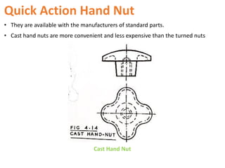 Quick Action Hand Nut
Cast Hand Nut
• They are available with the manufacturers of standard parts.
• Cast hand nuts are more convenient and less expensive than the turned nuts
 
