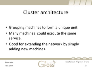 Amine Abida Ecole Nationale d’ingénieurs de Tunis 
Cluster architecture 
• 
Groupingmachines to forma unique unit. 
• 
Manymachines couldexecutethe sameservice. 
• 
Good for extendingthe network by simplyaddingnew machines. 
08/11/2014 12 
 