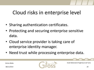 Amine Abida Ecole Nationale d’ingénieurs de Tunis 
Cloud risksin enterpriselevel 
• 
Sharing authenticationcertificates. 
• 
Protectingand securingenterprisesensitive data. 
• 
Cloud service provider istakingcare of enterpriseidentitymanager. 
• 
Needtrust whileprocessingenterprisedata. 
08/11/2014 20 
 