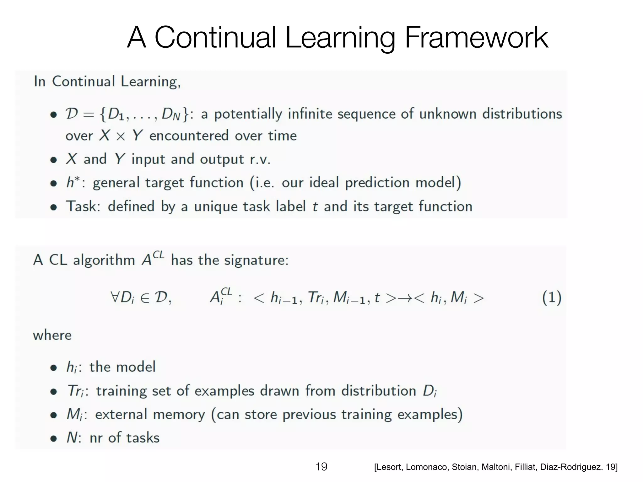 [Lesort, Lomonaco, Stoian, Maltoni, Filliat, Diaz-Rodriguez. 19]
 