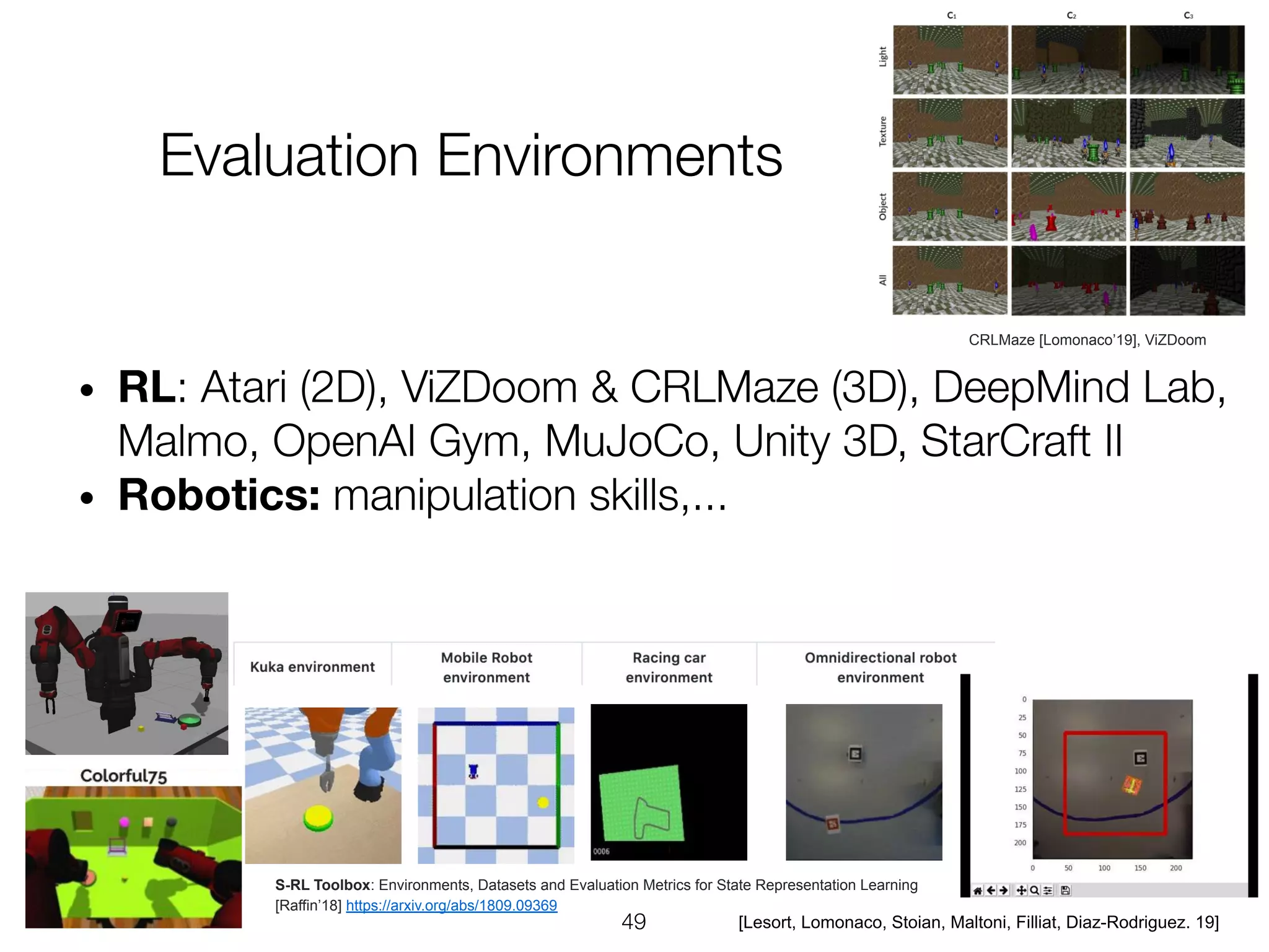 S-RL Toolbox: Environments, Datasets and Evaluation Metrics for State Representation Learning
[Raffin’18] https://arxiv.org/abs/1809.09369
CRLMaze [Lomonaco’19], ViZDoom
[Lesort, Lomonaco, Stoian, Maltoni, Filliat, Diaz-Rodriguez. 19]
 