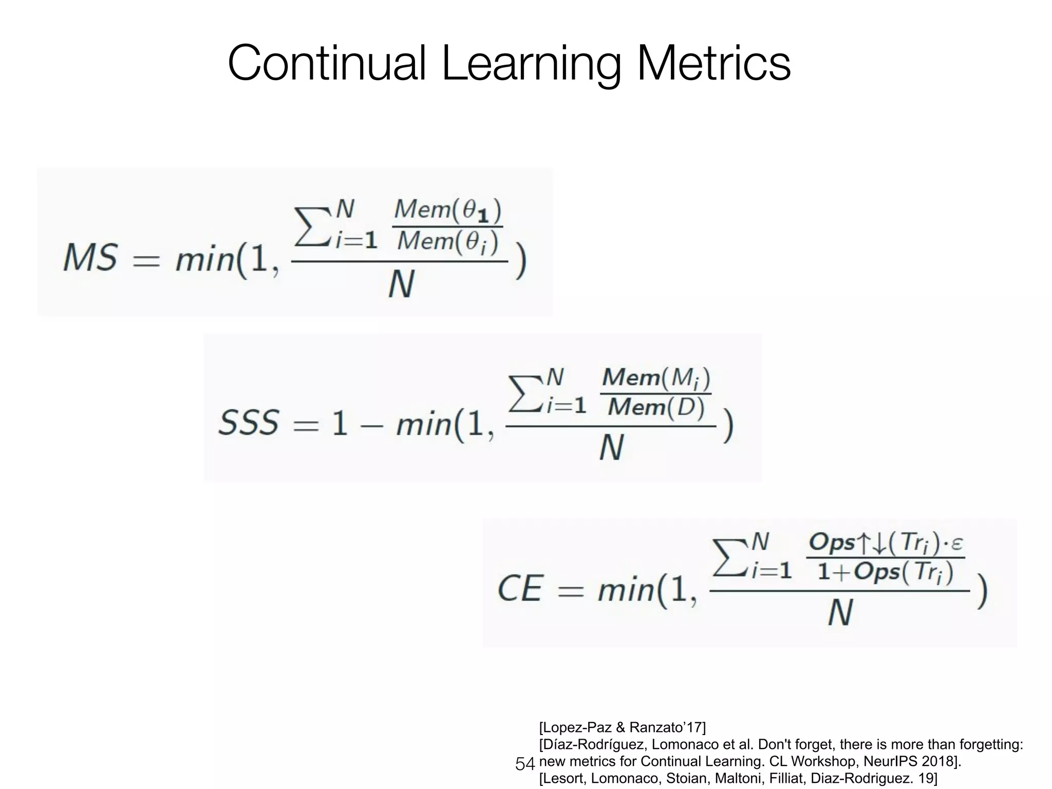 [Lopez-Paz & Ranzato’17]
[Díaz-Rodríguez, Lomonaco et al. Don't forget, there is more than forgetting:
new metrics for Continual Learning. CL Workshop, NeurIPS 2018].
[Lesort, Lomonaco, Stoian, Maltoni, Filliat, Diaz-Rodriguez. 19]
 
