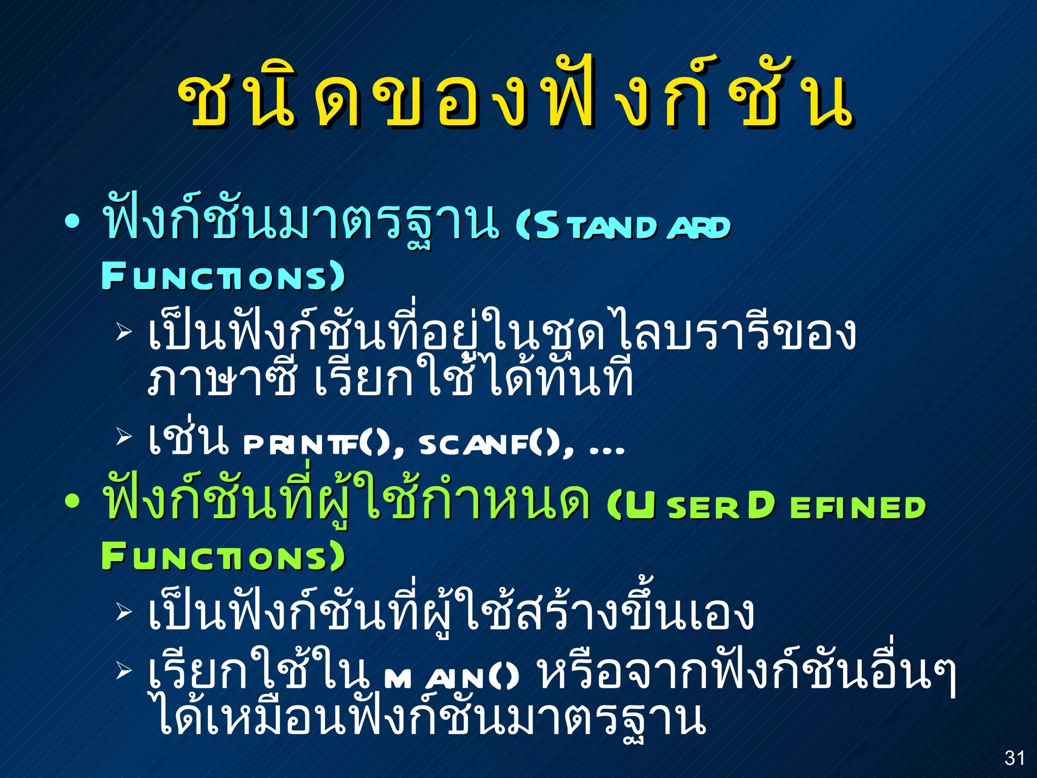ชนิดของฟังก์ชัน ฟังก์ชันมาตรฐาน  (Standard Functions) เป็นฟังก์ชันที่อยู่ในชุดไลบรารีของภาษาซี เรียกใช้ได้ทันที เช่น  printf(), scanf(),   ... ฟังก์ชันที่ผู้ใช้กำหนด  (User Defined Functions)   เป็นฟังก์ชันที่ผู้ใช้สร้างขึ้นเอง  เรียกใช้ใน  main()  หรือจากฟังก์ชันอื่นๆ ได้เหมือนฟังก์ชันมาตรฐาน 