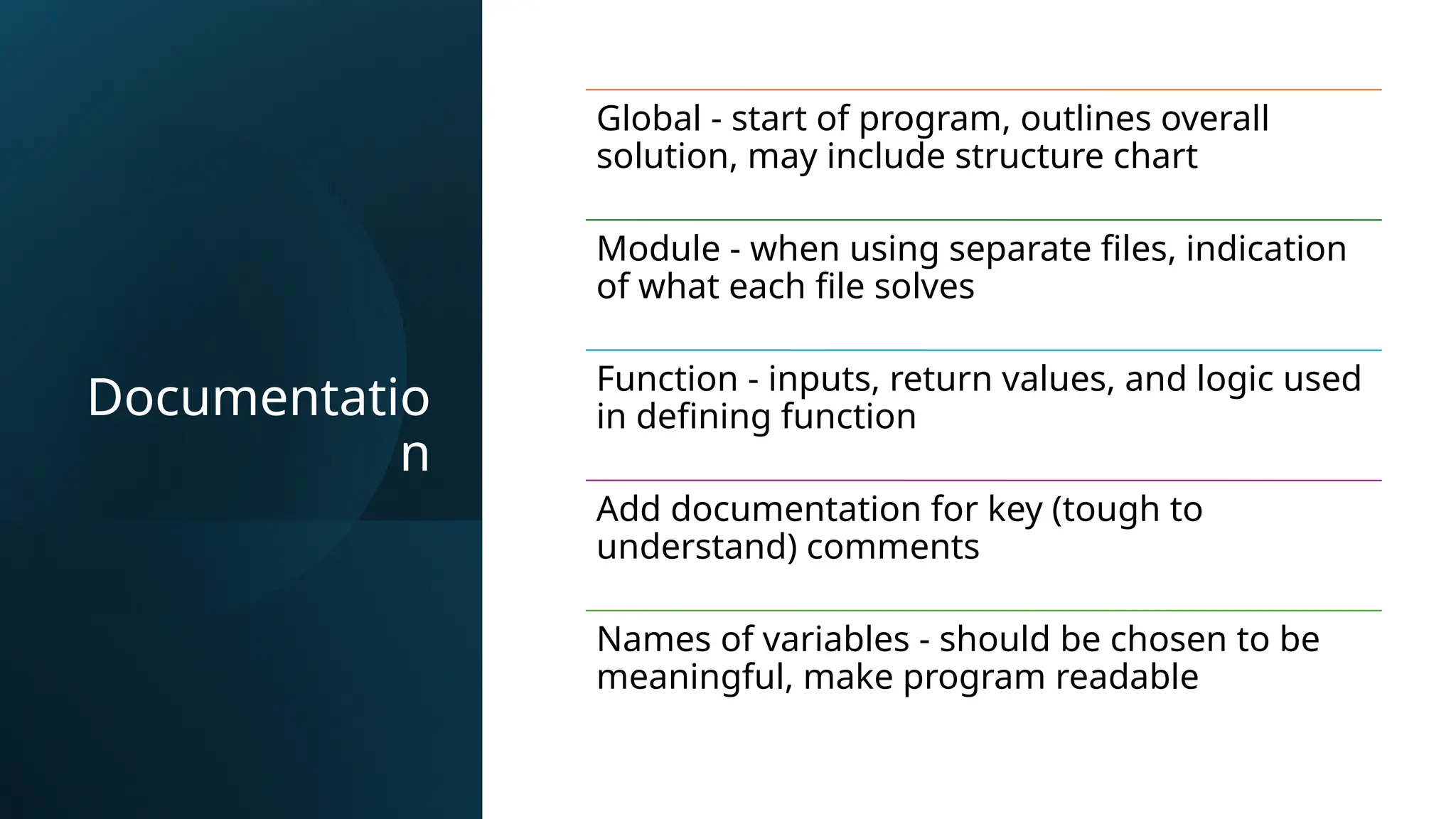 Documentatio
n
Global - start of program, outlines overall
solution, may include structure chart
Module - when using separate files, indication
of what each file solves
Function - inputs, return values, and logic used
in defining function
Add documentation for key (tough to
understand) comments
Names of variables - should be chosen to be
meaningful, make program readable
 