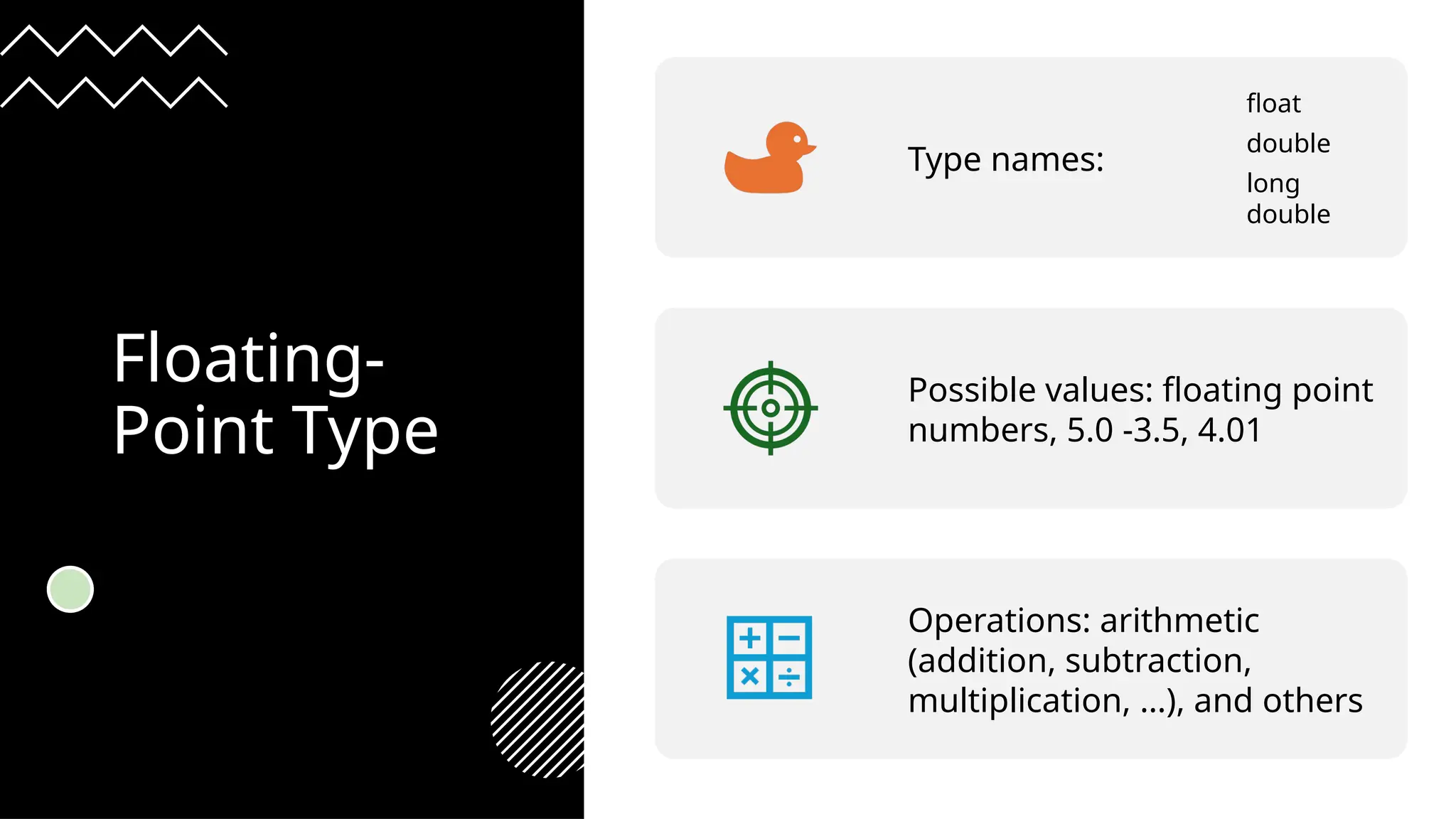 Floating-
Point Type
Type names:
float
double
long
double
Possible values: floating point
numbers, 5.0 -3.5, 4.01
Operations: arithmetic
(addition, subtraction,
multiplication, …), and others
 