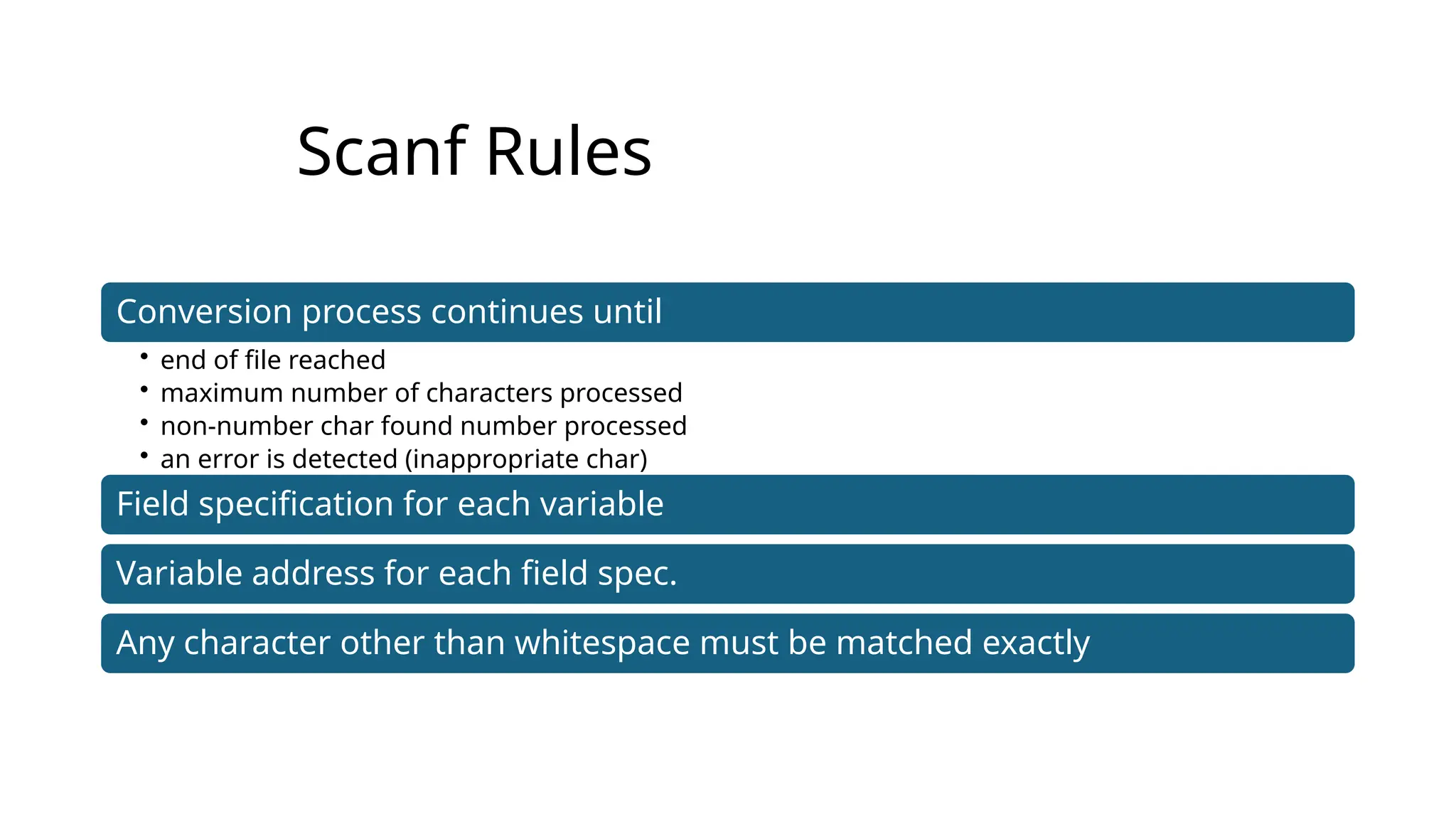 Scanf Rules
Conversion process continues until
• end of file reached
• maximum number of characters processed
• non-number char found number processed
• an error is detected (inappropriate char)
Field specification for each variable
Variable address for each field spec.
Any character other than whitespace must be matched exactly
 