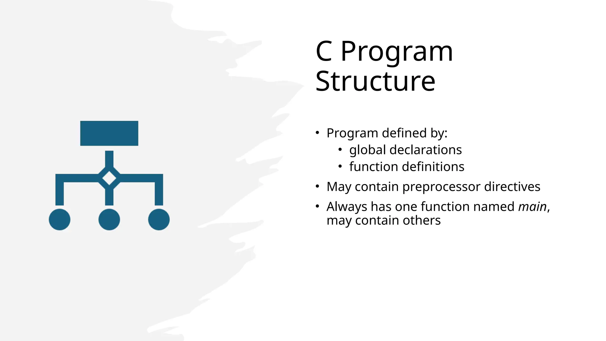 C Program
Structure
• Program defined by:
• global declarations
• function definitions
• May contain preprocessor directives
• Always has one function named main,
may contain others
 