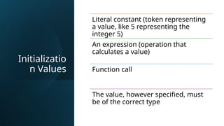 Initializatio
n Values
Literal constant (token representing
a value, like 5 representing the
integer 5)
An expression (operation that
calculates a value)
Function call
The value, however specified, must
be of the correct type
 