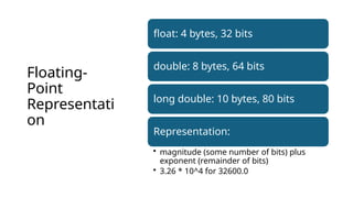 Floating-
Point
Representati
on
float: 4 bytes, 32 bits
double: 8 bytes, 64 bits
long double: 10 bytes, 80 bits
Representation:
• magnitude (some number of bits) plus
exponent (remainder of bits)
• 3.26 * 10^4 for 32600.0
 