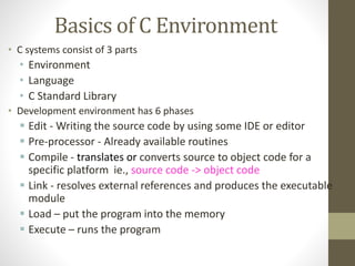 Basics of C Environment 
• C systems consist of 3 parts 
• Environment 
• Language 
• C Standard Library 
• Development environment has 6 phases 
 Edit - Writing the source code by using some IDE or editor 
 Pre-processor - Already available routines 
 Compile - translates or converts source to object code for a 
specific platform ie., source code -> object code 
 Link - resolves external references and produces the executable 
module 
 Load – put the program into the memory 
 Execute – runs the program 
 