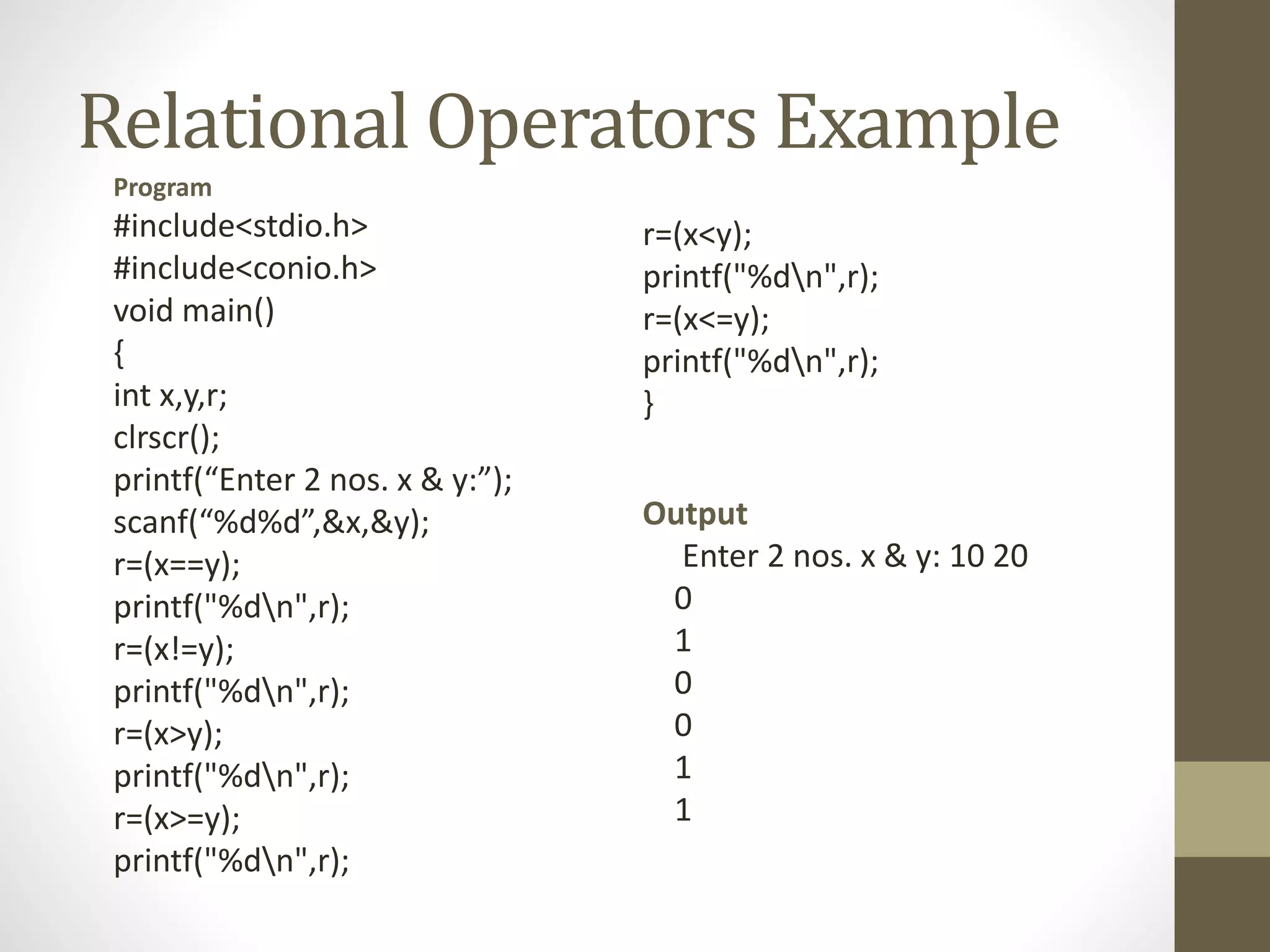 Relational Operators Example 
Program 
#include<stdio.h> 
#include<conio.h> 
void main() 
{ 
int x,y,r; 
clrscr(); 
printf(“Enter 2 nos. x & y:”); 
scanf(“%d%d”,&x,&y); 
r=(x==y); 
printf("%dn",r); 
r=(x!=y); 
printf("%dn",r); 
r=(x>y); 
printf("%dn",r); 
r=(x>=y); 
printf("%dn",r); 
r=(x<y); 
printf("%dn",r); 
r=(x<=y); 
printf("%dn",r); 
} 
Output 
Enter 2 nos. x & y: 10 20 
0 
1 
0 
0 
1 
1 
 