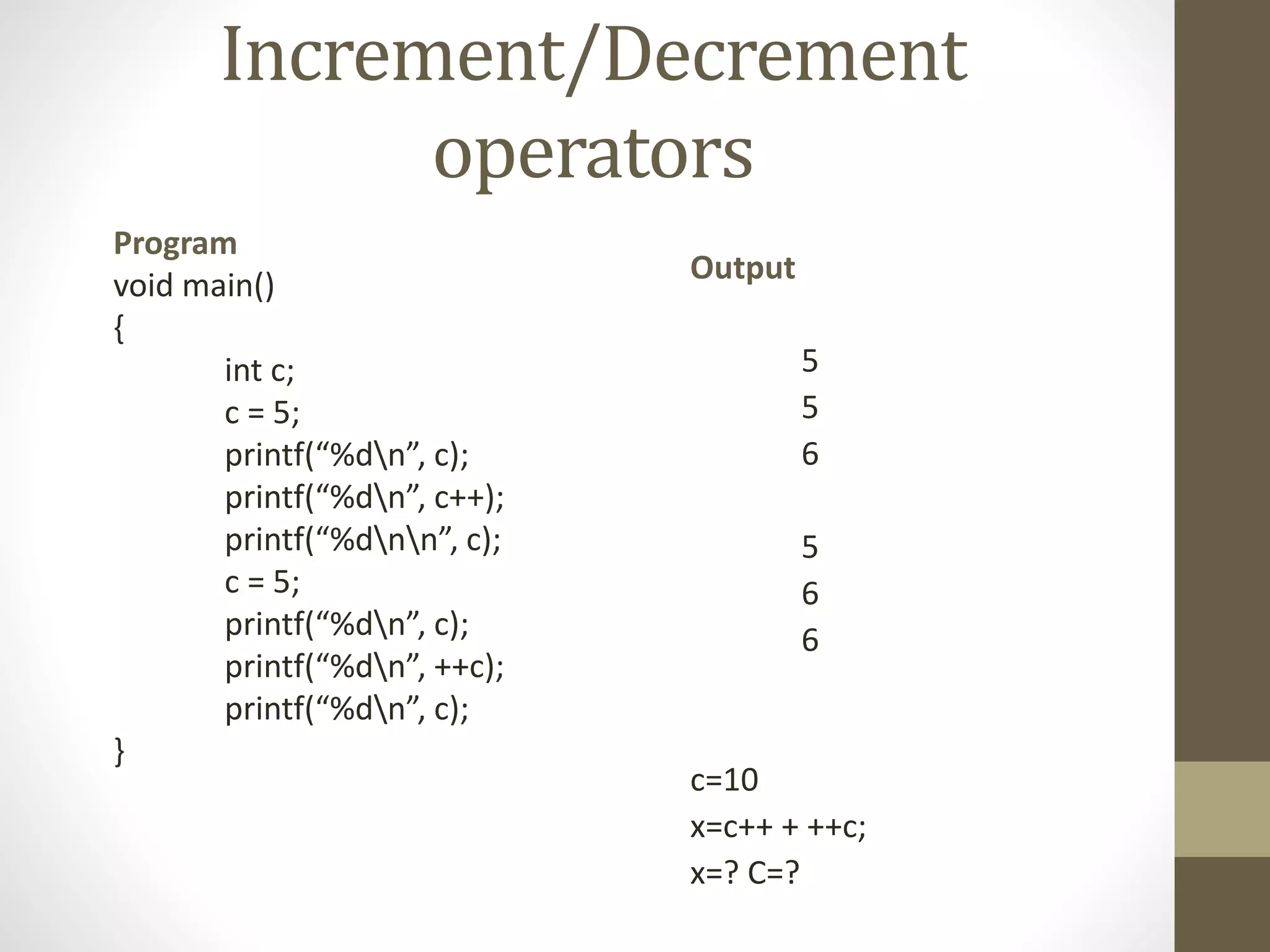 Increment/Decrement 
operators 
Program 
void main() 
{ 
int c; 
c = 5; 
printf(“%dn”, c); 
printf(“%dn”, c++); 
printf(“%dnn”, c); 
c = 5; 
printf(“%dn”, c); 
printf(“%dn”, ++c); 
printf(“%dn”, c); 
} 
Output 
5 
5 
6 
5 
6 
6 
c=10 
x=c++ + ++c; 
x=? C=? 
 
