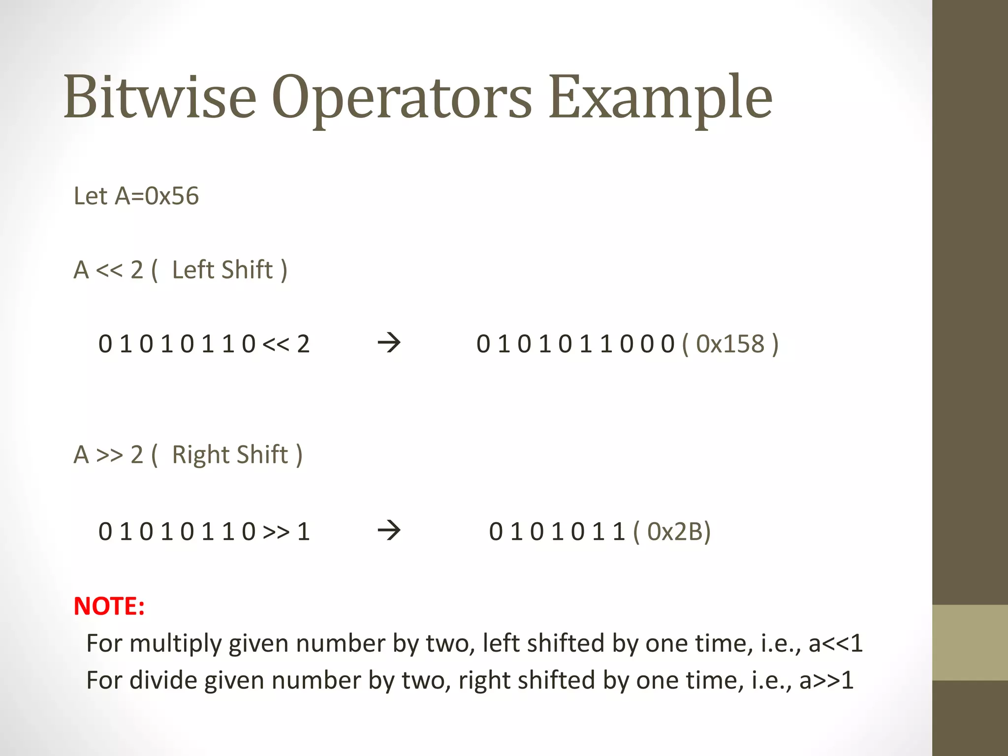 Bitwise Operators Example 
Let A=0x56 
A << 2 ( Left Shift ) 
0 1 0 1 0 1 1 0 << 2  0 1 0 1 0 1 1 0 0 0 ( 0x158 ) 
A >> 2 ( Right Shift ) 
0 1 0 1 0 1 1 0 >> 1  0 1 0 1 0 1 1 ( 0x2B) 
NOTE: 
For multiply given number by two, left shifted by one time, i.e., a<<1 
For divide given number by two, right shifted by one time, i.e., a>>1 
 