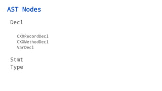 AST Nodes
Decl
CXXRecordDecl
CXXMethodDecl
VarDecl
Stmt
Type
 