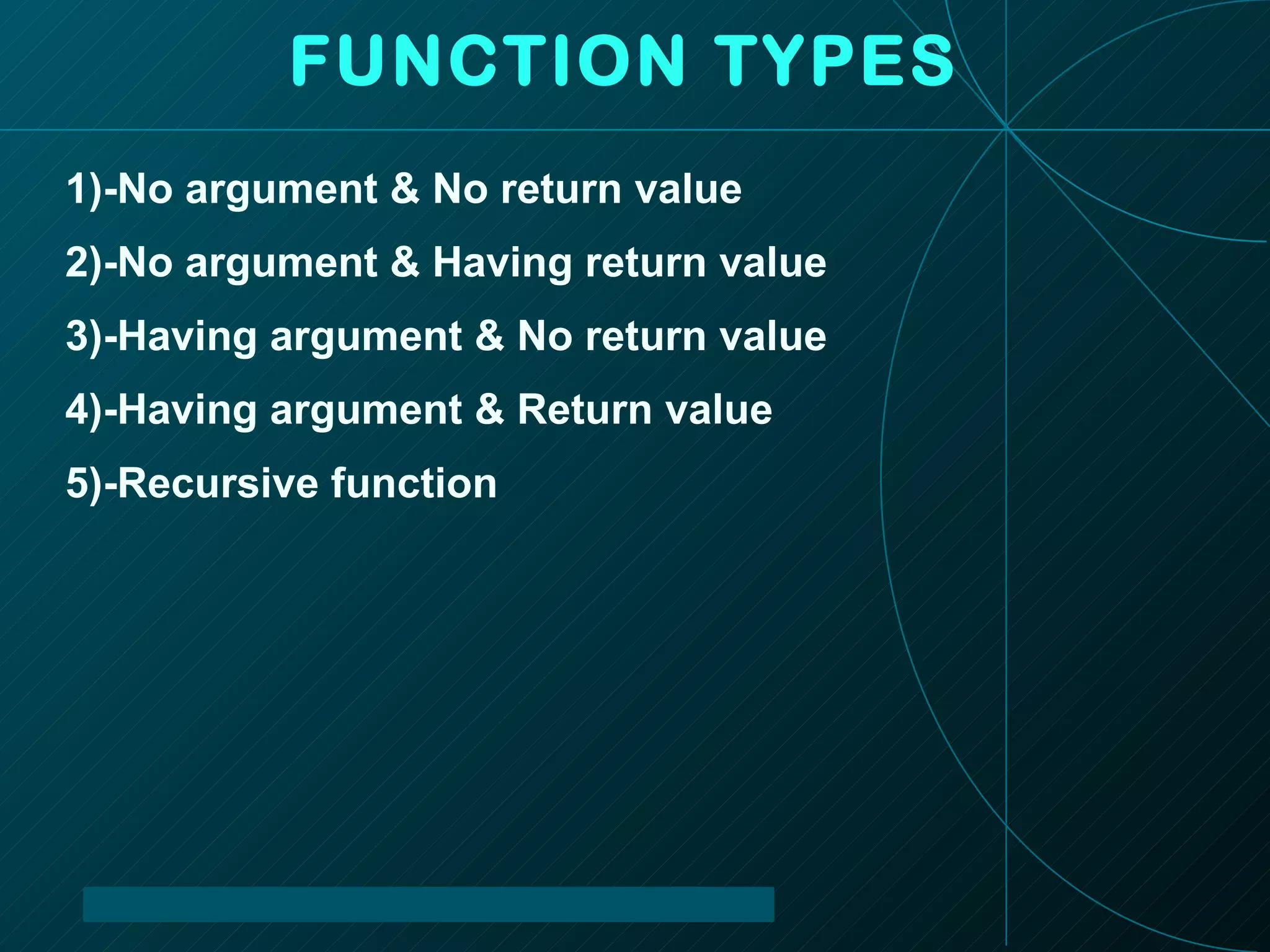 FUNCTION TYPES 1)-No argument & No return value 2)-No argument & Having return value 3)-Having argument & No return value 4)-Having argument & Return value 5)-Recursive function 