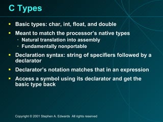C Types Basic types: char, int, float, and double Meant to match the processor’s native types Natural translation into assembly Fundamentally nonportable Declaration syntax: string of specifiers followed by a declarator Declarator’s notation matches that in an expression Access a symbol using its declarator and get the basic type back 