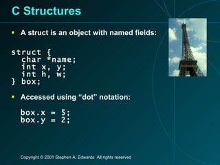 C Structures A struct is an object with named fields: struct { char *name; int x, y; int h, w; } box; Accessed using “dot” notation: box.x = 5; box.y = 2; 