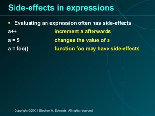 Side-effects in expressions Evaluating an expression often has side-effects a++ increment a afterwards a = 5 changes the value of a a = foo()  function foo may have side-effects 