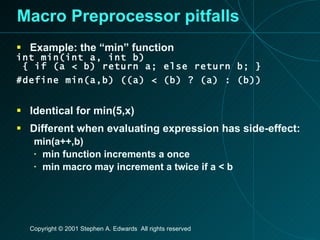 Macro Preprocessor pitfalls Example: the “min” function int min(int a, int b) { if (a < b) return a; else return b; } #define min(a,b) ((a) < (b) ? (a) : (b)) Identical for min(5,x) Different when evaluating expression has side-effect: min(a++,b) min function increments a once min macro may increment a twice if a < b 