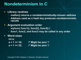 Nondeterminism in C Library routines malloc() returns a nondeterministically-chosen address Address used as a hash key produces nondeterministic results Argument evaluation order myfunc( func1(), func2(), func3() ) func1, func2, and func3 may be called in any order Word sizes int a; a = 1 << 16; /* Might be zero */ a = 1 << 32; /* Might be zero */ 