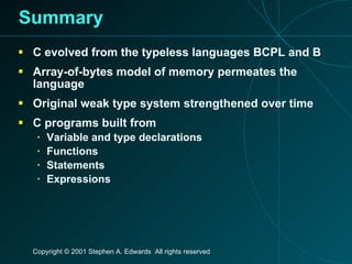 Summary C evolved from the typeless languages BCPL and B Array-of-bytes model of memory permeates the language Original weak type system strengthened over time C programs built from Variable and type declarations Functions Statements Expressions 